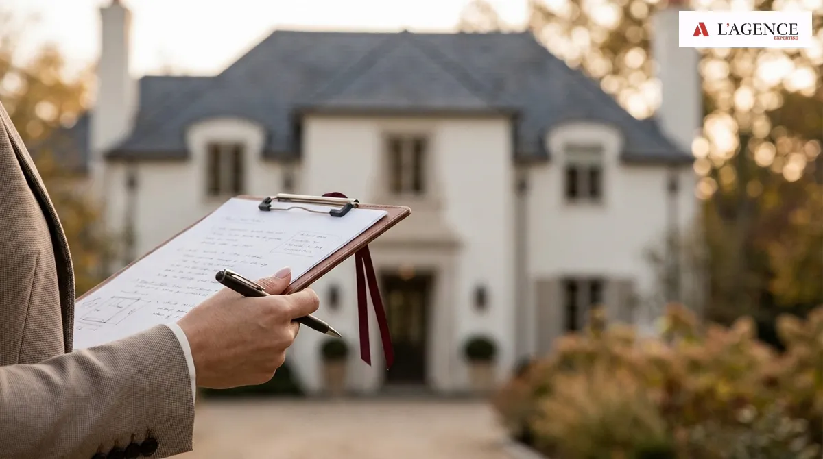 Prise de notes d’évaluation devant une façade de maison