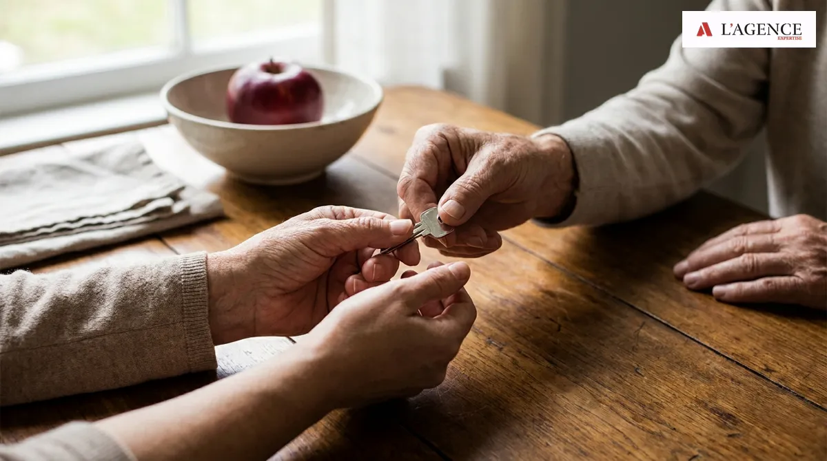 Une clé de maison transmise de main en main entre deux générations