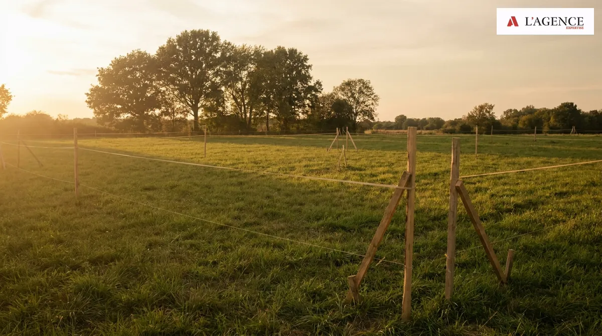 Terrain à bâtir délimité par des piquets au soleil couchant