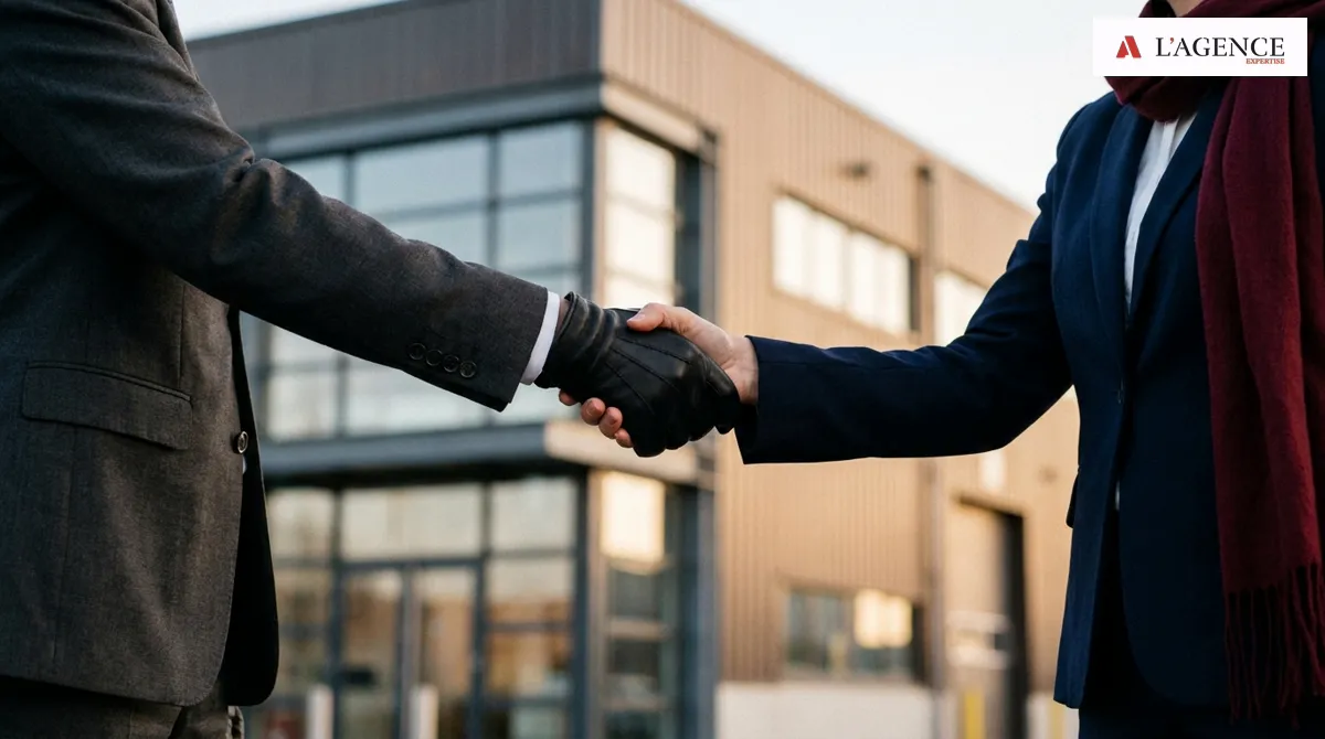 Poignée de main professionnelle devant un bâtiment d’activité